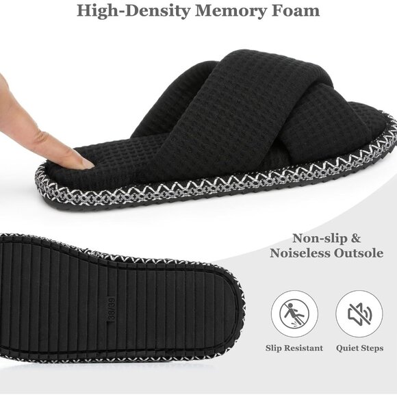 ⚡Women Boho Waffle Black Cotton Memory Foam Bedroom Corduroy Open Toe Shoes - Picture 5 of 6